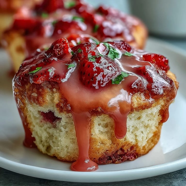 Golden-baked muffins bursting with juicy strawberries and zesty lemon, finished with a glossy lemon glaze—an easy, vegetarian breakfast or snack recipe.