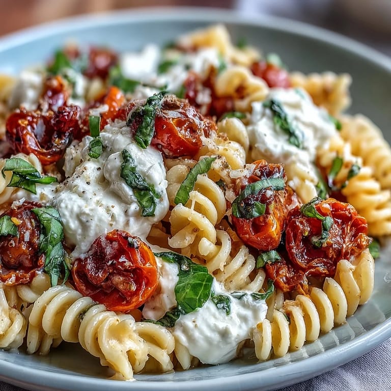 Al dente pasta tossed with bursting cherry tomatoes, fragrant basil, and rich burrata creates a refreshing vegetarian meal.