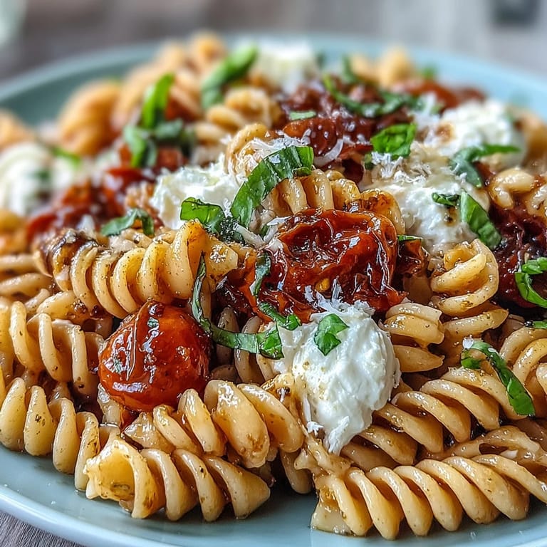 Burrata-topped Caprese pasta combines warm noodles, sweet tomatoes, and fresh herbs for an irresistible Italian-inspired dinner.