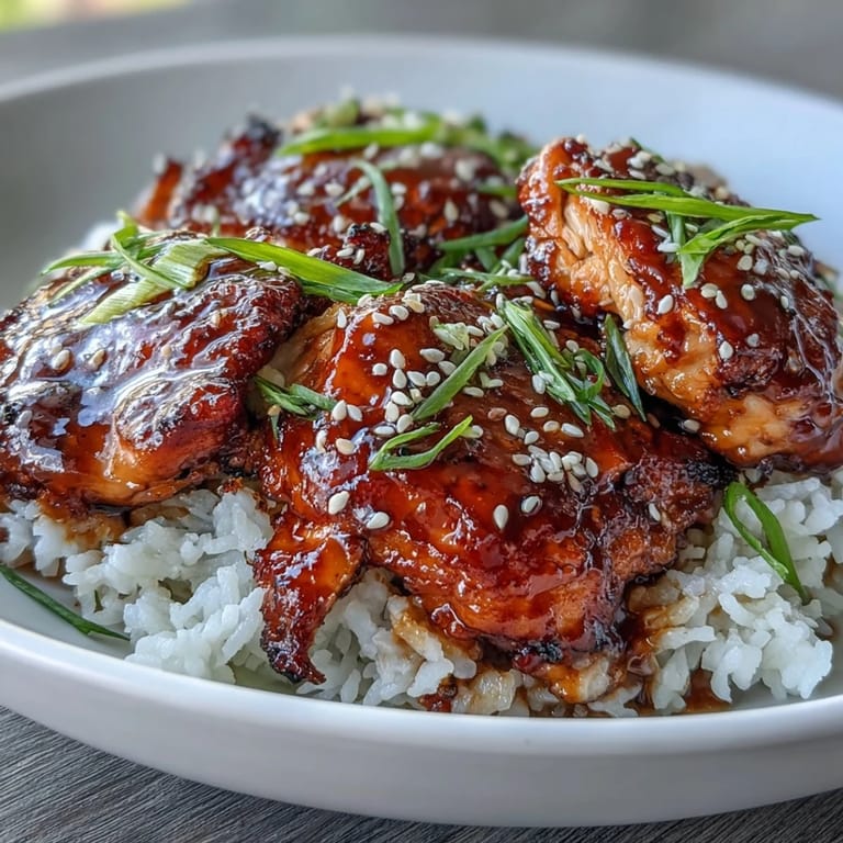 Slow-cooked Honey Garlic Chicken with Rice, garnished with sesame seeds and green onions for a comforting family meal.