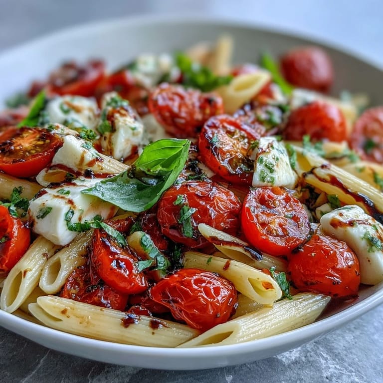 Colorful summer pasta salad featuring juicy tomatoes, creamy mozzarella, and fragrant basil leaves tossed with al dente pasta.  