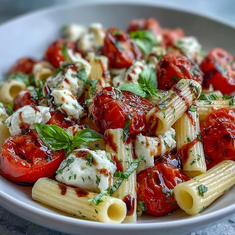 Easy Caprese pasta salad with ripe tomatoes, fresh mozzarella, and aromatic basil, drizzled with olive oil and balsamic glaze.
