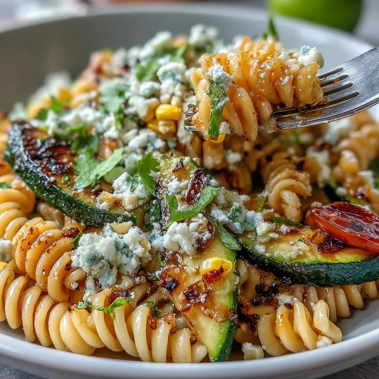 Hearty summer pasta salad with grilled veggies, crumbled Cotija cheese, and cilantro.