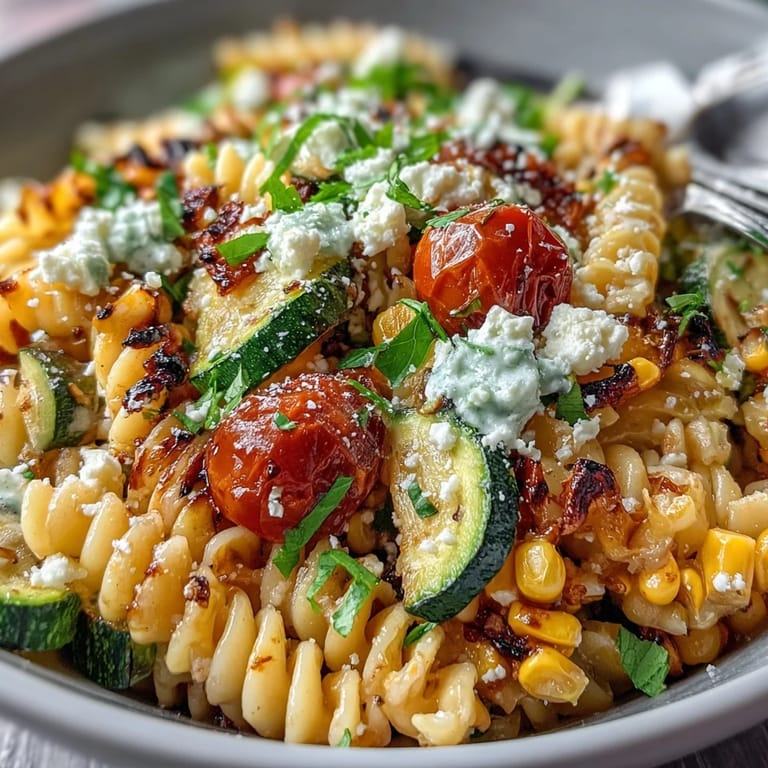 Colorful pasta salad featuring charred corn, zucchini, and zesty lime dressing.