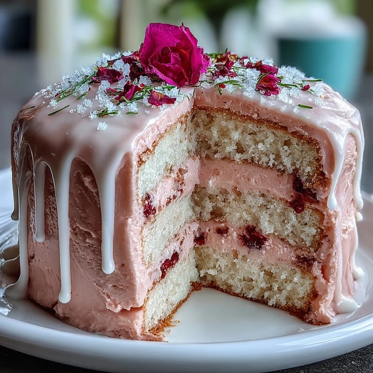 Decadent rosé velvet cake, a centerpiece with a glistening golden cascade.