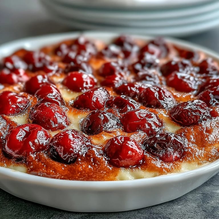 Baked ‫fresh cherry clafoutis‬ dessert dusted with sugar, creamy and rich.