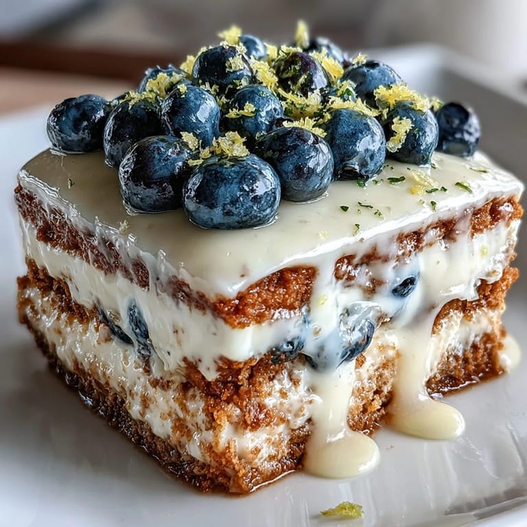 Delectable no-bake Lemon Blueberry Icebox Cake, chilled and ready for summer.