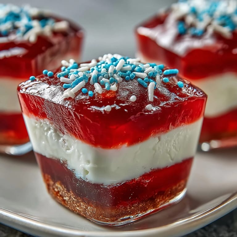 Alcohol-free Firecracker Jello Shots ready for a patriotic party, topped with sprinkles.