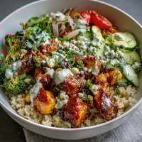 Golden brown buffalo chicken piled high on white rice with crisp romaine, carrots, and cherry tomatoes.