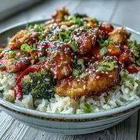 Golden Honey Garlic Chicken Bowl with fluffy white rice, crisp steamed broccoli, carrots, and red bell peppers, all drizzled with a sticky, sweet-savory glaze.