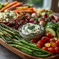 Fresh spring vegetable platter with radishes, peas, and creamy herb dip on rustic board.