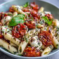 Fresh Caprese-style pasta salad with cherry tomatoes, mozzarella, and basil in a vibrant summer bowl.  
