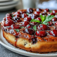 Golden baked ‫fresh cherry clafoutis‬ with plump cherries visible.
