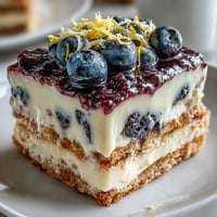 Refreshing Lemon Blueberry Icebox Cake with vibrant blueberries and citrus zest.