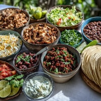 DIY Taco Bar overflowing with colorful, fresh toppings for an outdoor BBQ.