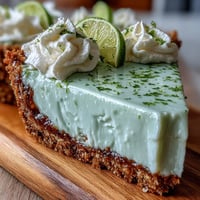 Refreshing no-bake key lime pie on a graham cracker crust, ready for serving garnished.